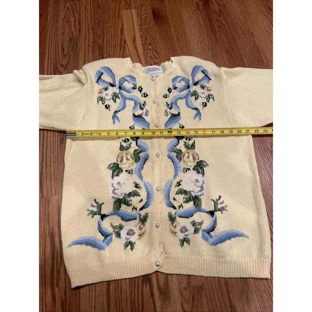 VIntage 90s Susan Brostol Women's Knit Cardigan Yellow Bows Size Large - Picture 6 of 8